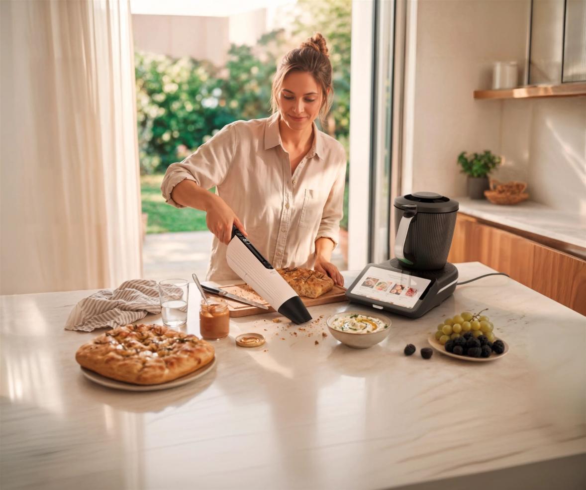 Frau reinigt mit einem Handstaubsauger Krümel auf einer Küchenarbeitsplatte neben Brot und Küchenmaschine
